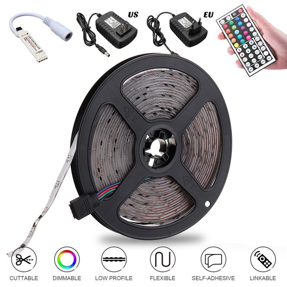 5M 3528 Waterproof RGB Flexible LED Strip Light+IR Controller+44Keys Remote Control+EU US Plug