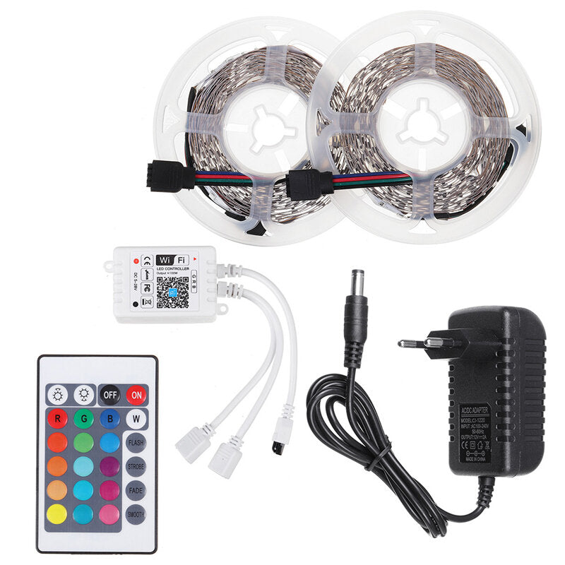 5M/10M 2835 RGB LED Strip Light: 600 LEDs, Non-Waterproof, DC12V with 24-Key Remote, WiFi Controller & Power Adapter for Christmas Decor