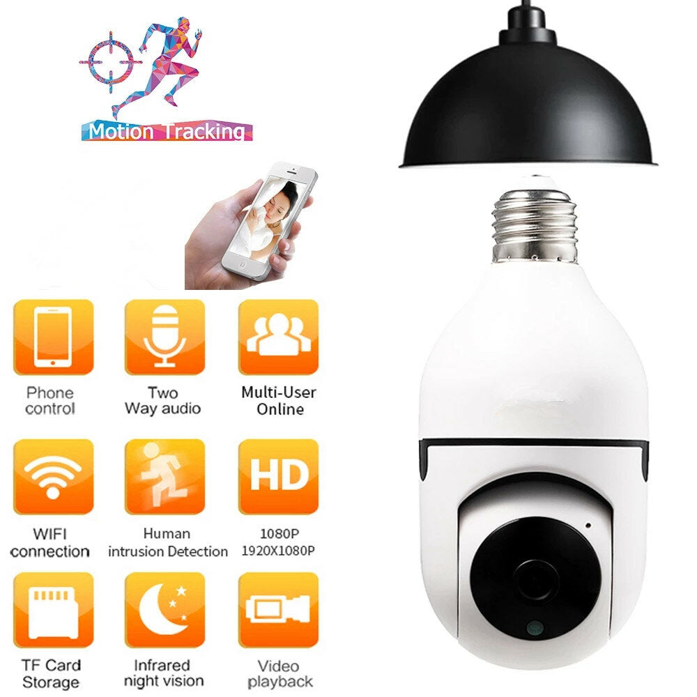 2MP Mini PTZ Full HD Wifi IP Camera with E27 Bulb Socket Night Vision Cloud Storage Speed Dome Security Serveillence for Smart Home Monitoring