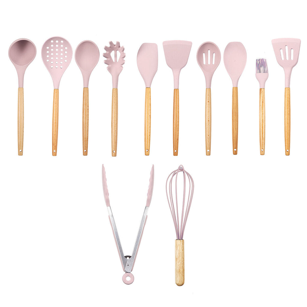 12pcs Wooden Silicone Kitchen Utensil Nonstick Cooking Tool Spoon Soup Ladle Turner Spatula Tong Cookware Baking Gadget