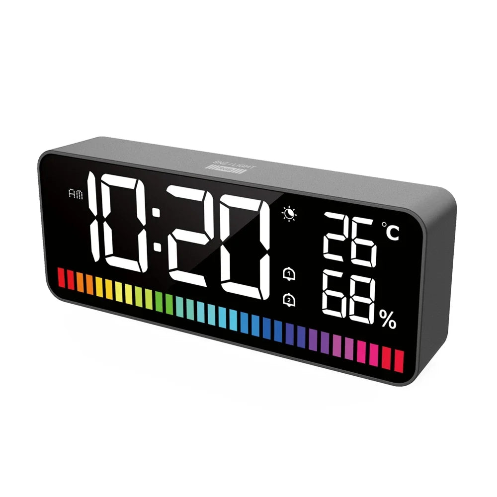 Multifunctional LED Rhythm Light Bar with Dual Alarm Clock, 15 RGB Colors, Sound Control, Night Light, Digital Thermometer, Hygrometer