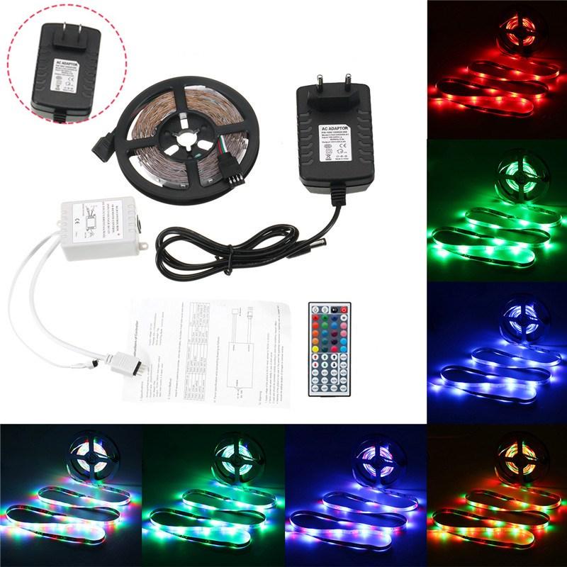 5M 24W Waterproof 3528SMD RGB LED Strip Lights + 44 Keys Remote Control US EU Power Adapter DC12V