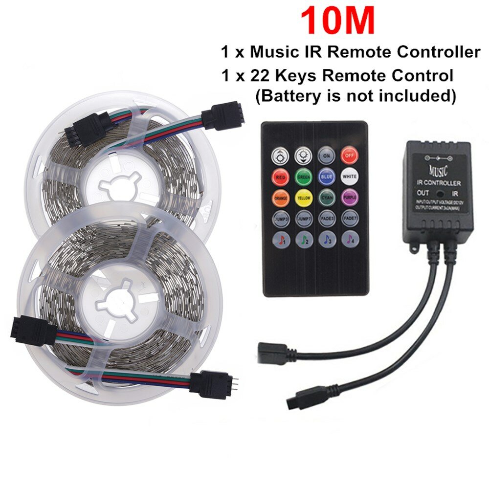 5M 10M 3528 RGB Music Sync Voice Control LED Strip Light + 22Keys IR Remote Control Or 3A EU US Power Adapter