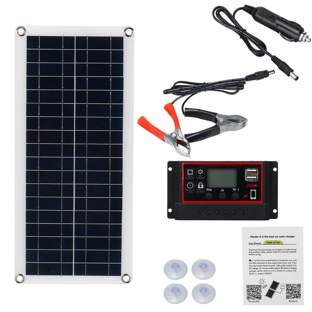 30W Solar Panel Kit 12V Battery Charger 100A Controller USB RV Travel Camping