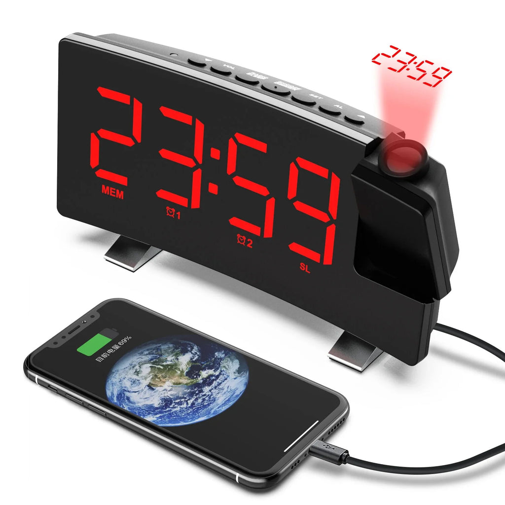 8-Inch Projection Alarm Clock: 180° Projector, FM Radio, Snooze, USB Charger & 3-Level Brightness for Bedroom