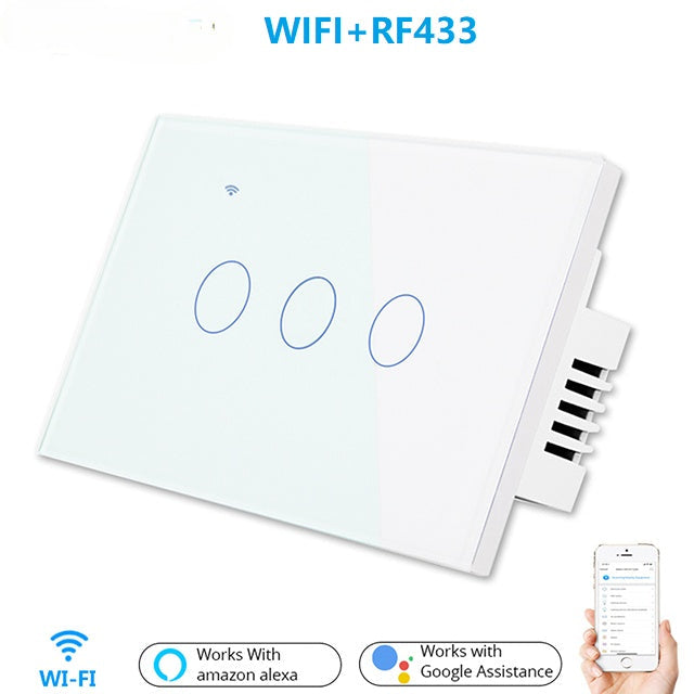 US WiFi+RF Smart Lights Wall Touch Switch APP Voice Remote Control Wireless Lamp Smart Home Switch,3 Gang 1/2 Way