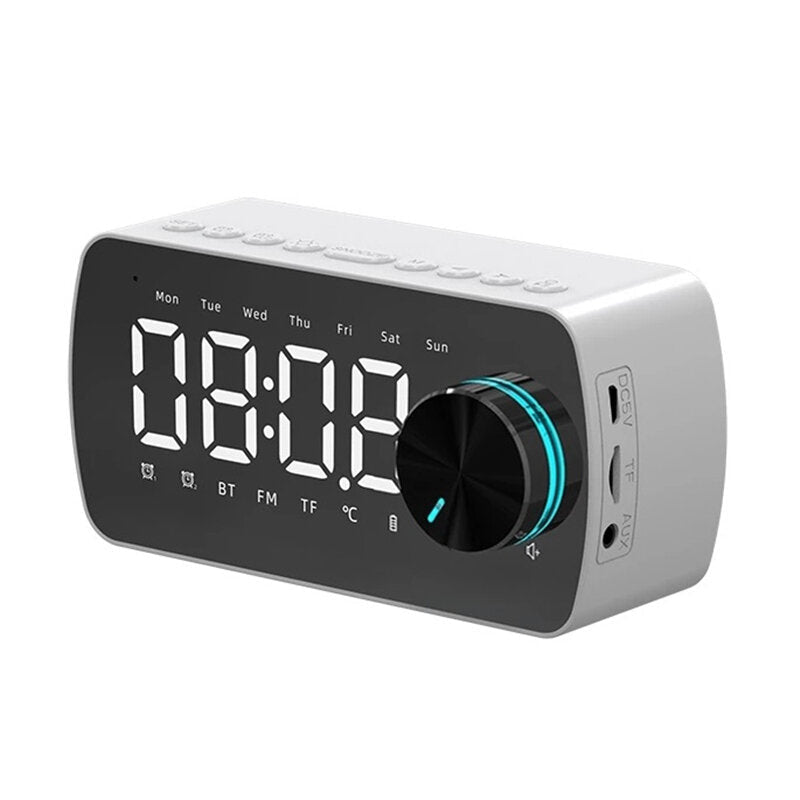 Wireless Bluetooth Speaker Double Alarm Clock FM Radio Mirror LED Display Hi-Fi Music Column Subwoofer Hands-free Call Speaker