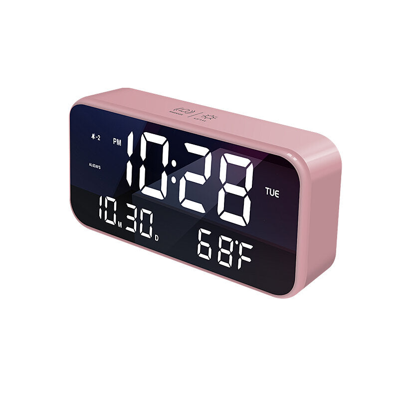 USB LED Music Alarm Clock Mirrow Effect Sound Brightness Control Snooze Function Time Thermometer Temperature LED Display Desktop Clock