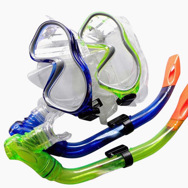 Children's Snorkeling Goggles and Snorkel Combos Goggles Blue and Green