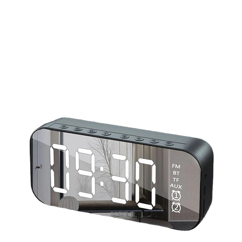 Wireless Bluetooth Speaker Mirror Hi-Fi Subwoofer Digital Alarm Clock with FM Function AUX Output