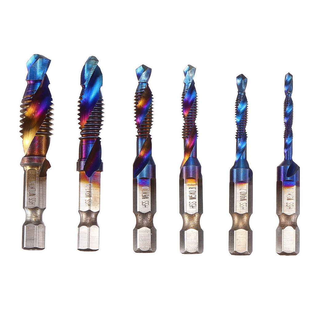 6pcs M3-M10 Combination Drill Tap Bit Hex Shank Blue Coated Deburr Countersink Bits Screw Thread Metric