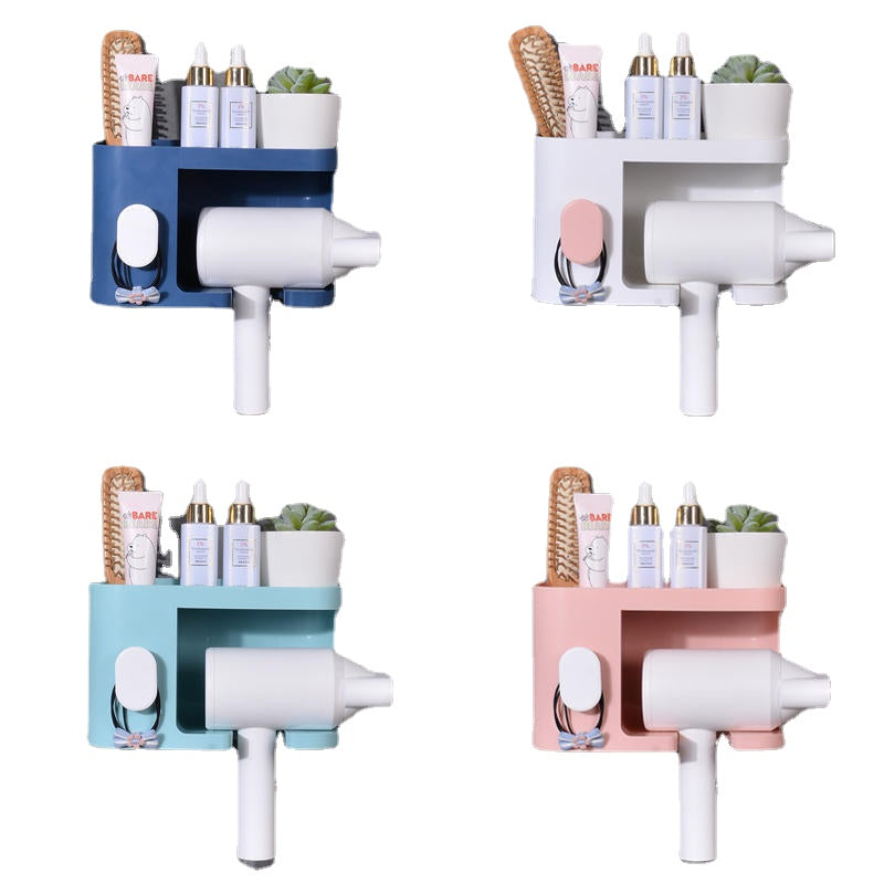 Multifunction Adhesive Hair Dryer Holder Bathroom Hair Blow Drier Holder with Hair Care Tools Storage Baskets