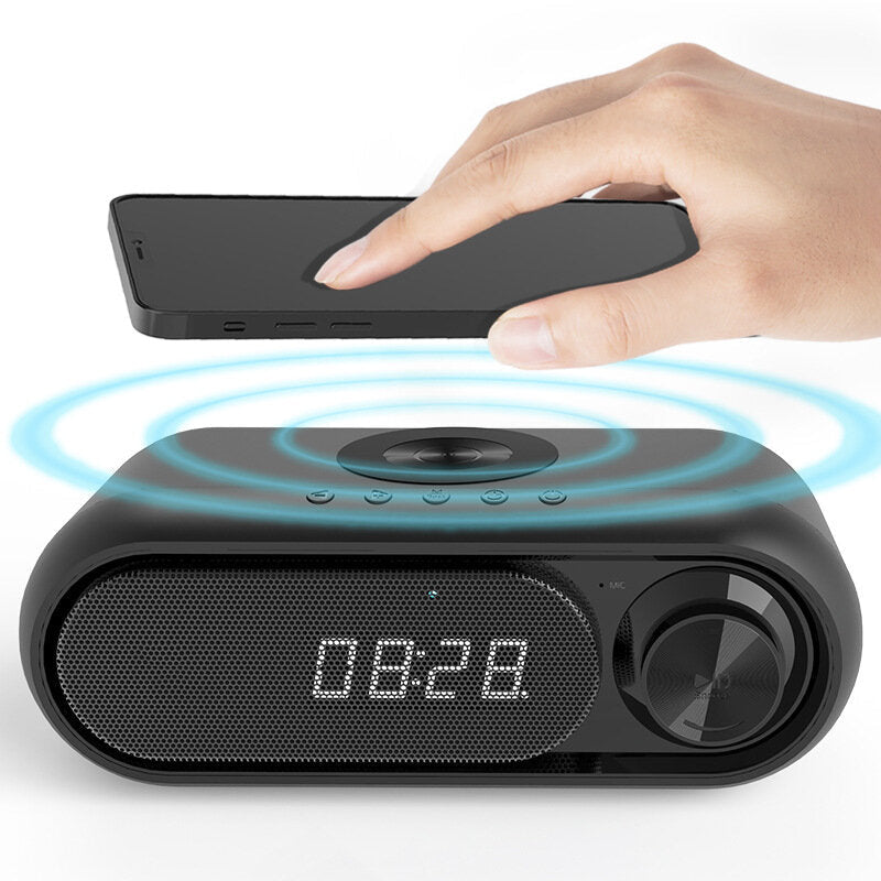 LED Display Table Alarm Clock With Wireless Charger FM Radio TF Card Play Bass Sound Box Wireless Bluetooth Speaker