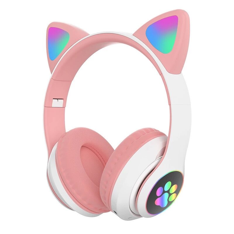 Over-Ear Gaming Bluetooth 5.0 Headset Glowing Cat Ear Headphones Foldable Wireless Earphone with Mic LED Lights for PC Phone