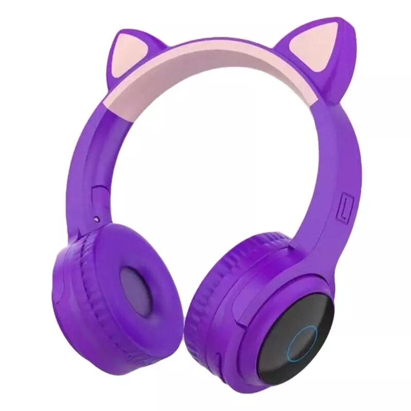 Wireless Bluetooth Headphones Stereo TF Card Aux-In Luminous Cute Cat Ear Head-Mounted Headset with Mic