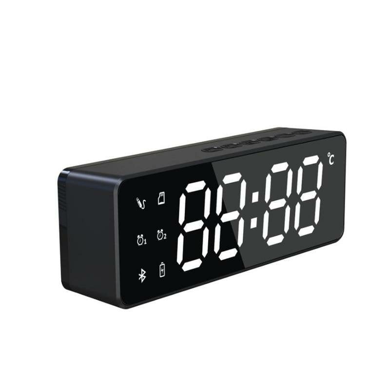 Wireless Bluetooth Speaker Bass Subwoofer FM Radio TF Card Dual Alarm Clock 10W LED Mirror Soundbar with Mic