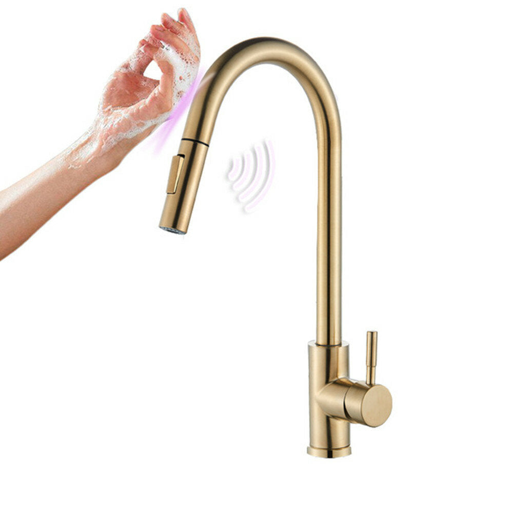 Brushed Gold Stainless Steel Kitchen Sink Faucets Mixer 360 Rotation Smart Touch Sensor Pull Out Hot Cold Water Tap Crane