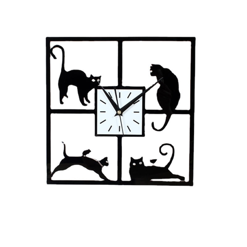 Four Cat Pattern Acrylic Wall Clock Black Quartz Bedroom Living Room