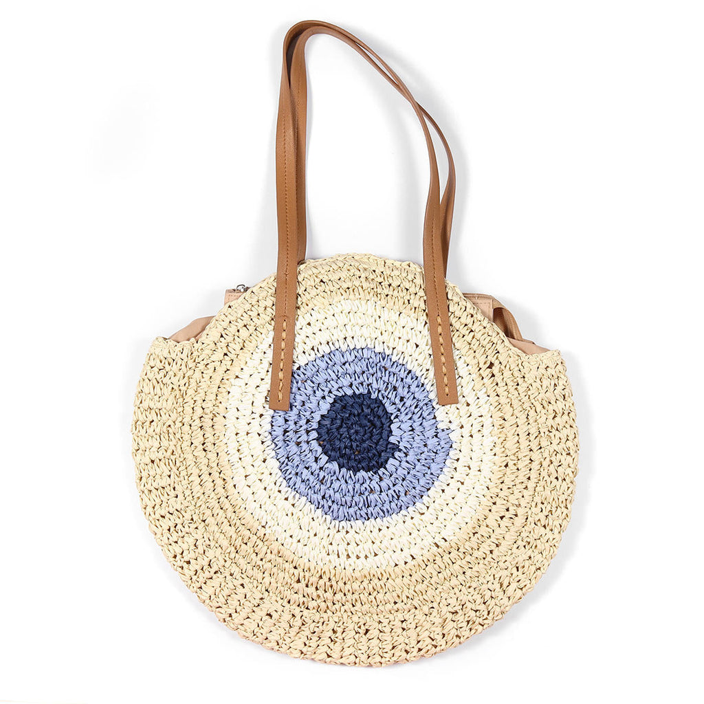 Women Beach Round Straw Bag Bucket Rattan Woven Handbag Shoulder Bag Outdoor Travel