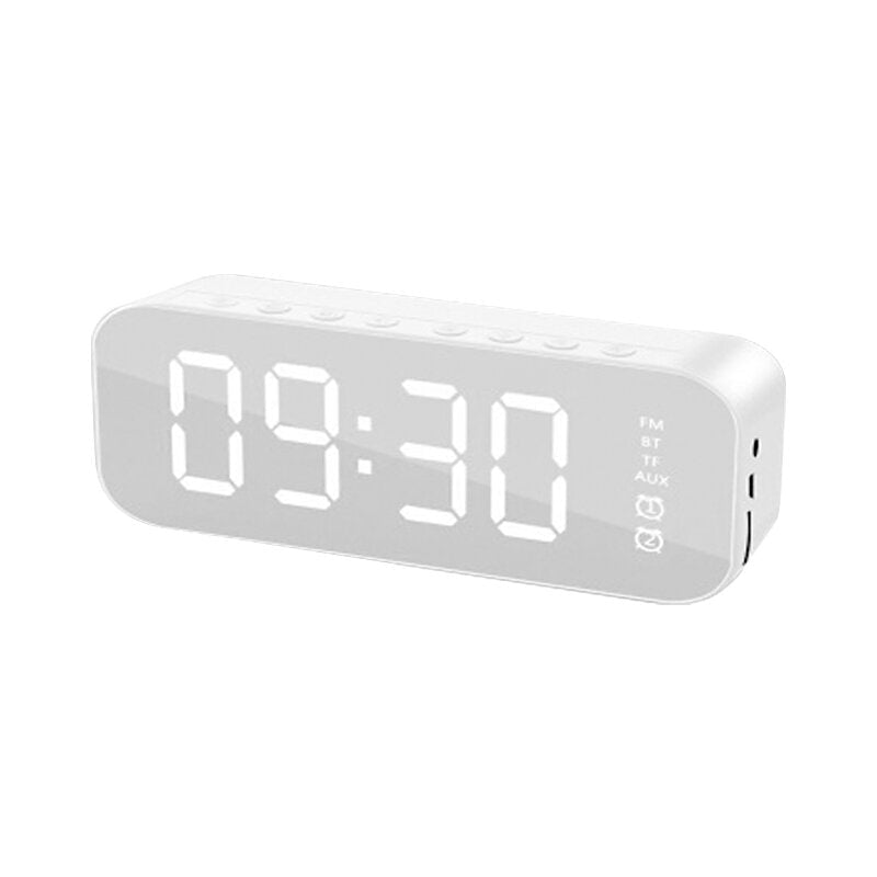 Wireless Bluetooth Speaker Mini LED Double Alarm Clock FM Radio TF Card AUX Soundbar Subwoofer with Mic