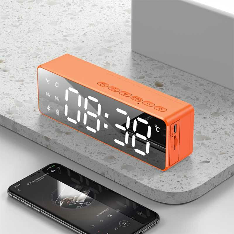 Bluetooth 5.0 Speaker Alarm Clock Multiple Play Modes LED Mirror Speaker with FM Function Stereo Sound Real-time Temperature Display 2800mAh