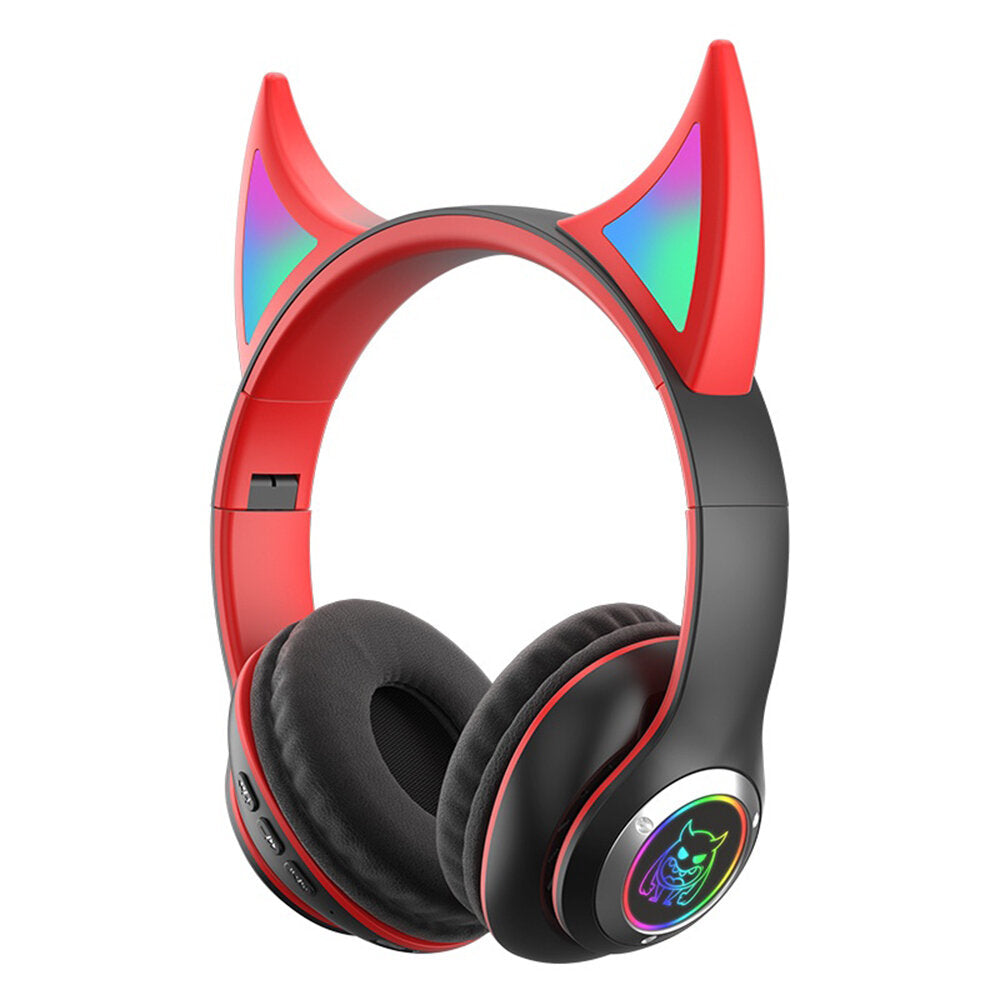 Devil's Horn Headset Wireless BT5.0 Hi-Fi Stereo Sound IPX5 Noise-Canceling Colorful RGB Backlit Over-Ear Headphone with Built-in Speaker