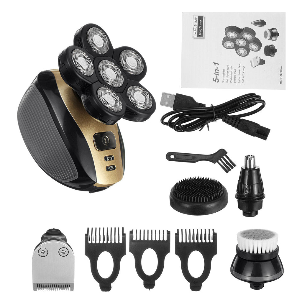 5 in 1 Power Display USB Rechargeable 6 Heads Bald Head Shaver Electric Hair Trimmer Clipper Facial Massager Cleaning Brush