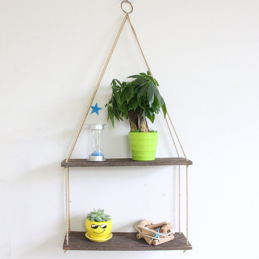 Brown Wooden Wall Storage Rack Rope Hanging Plant Flower Pot Shelf Home Decor