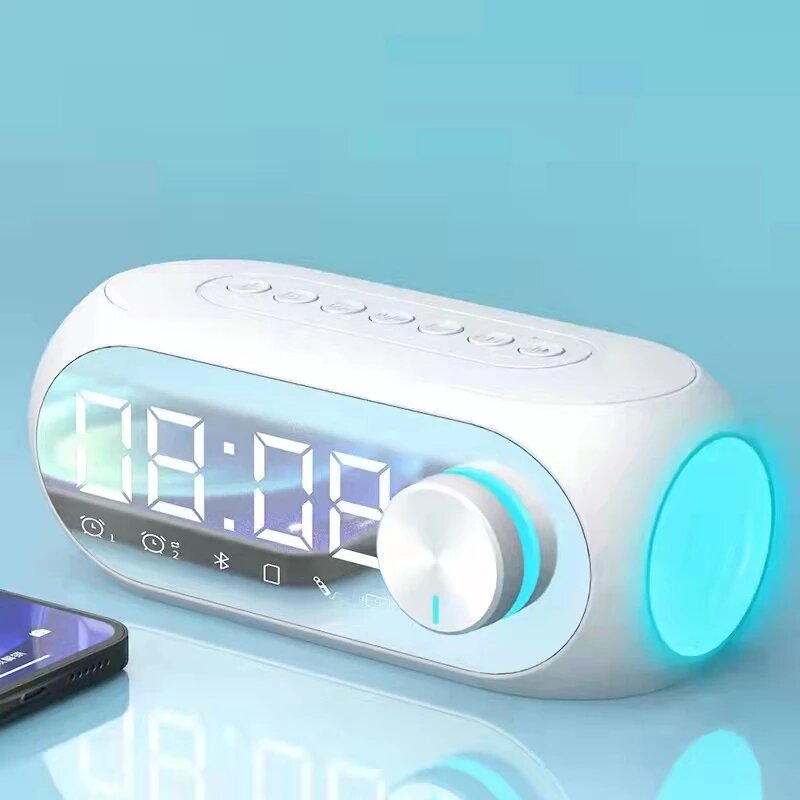 Bluetooth 5.0 Speaker Alarm Clock Mirror Night Light Multiple Play Modes LED Display 360 Surround 3D Stereo Sound 1400mAh Battery Life