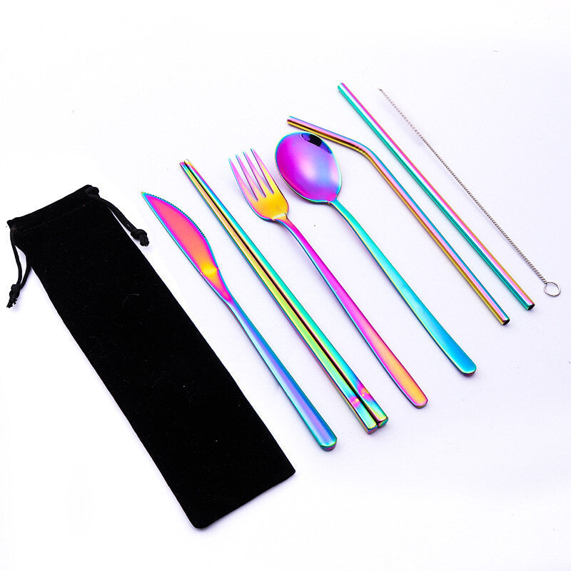 7 Pcs Tableware Set Stainless Steel Fork Spoon Knife Chopsticks Straw Brush Portable Flatware Outdoor Camping Picnic