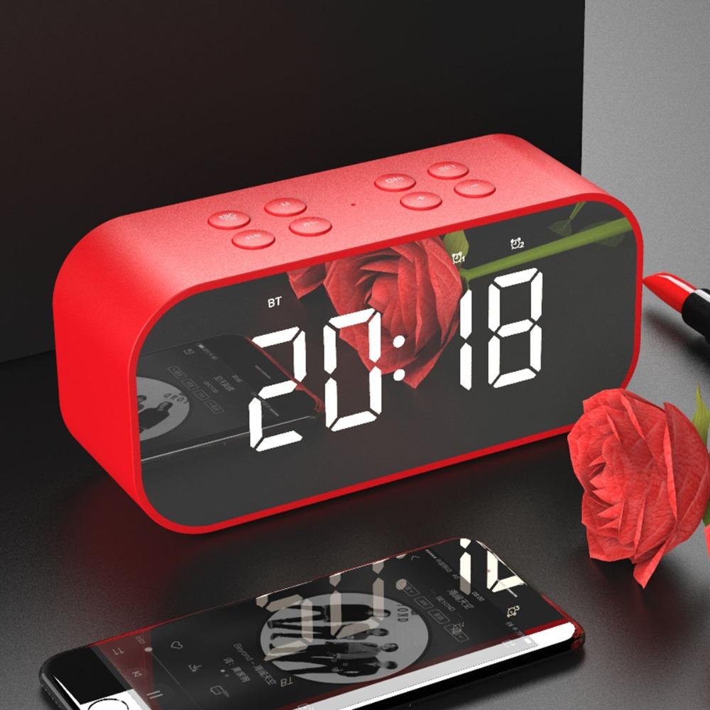 Wireless Bluetooth 5.0 Speaker Double Alarm Clock FM Radio Hi-Fi Music Column Subwoofer Hands-free Call Mirror Screen Display