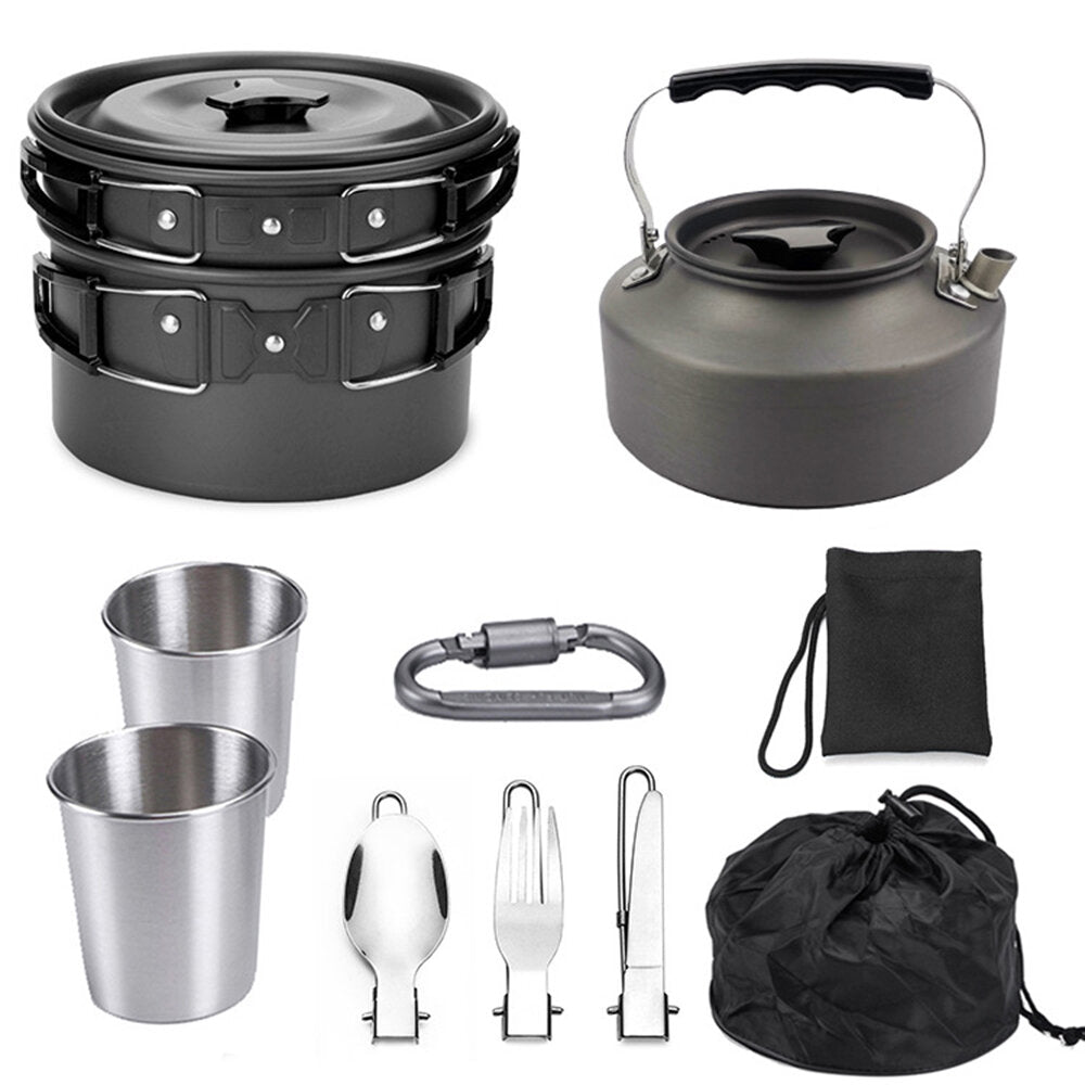 10 PCS 2-3 Person Camping Cookware Set Outdoor Tableware Kit With 800ML Teapot/Cooking Pot/Frying Pan