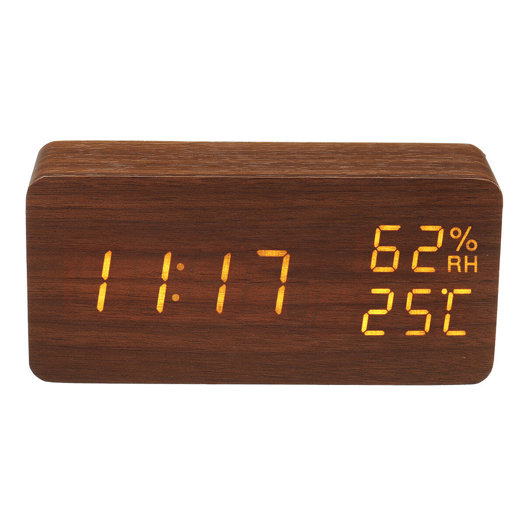 Modern Wooden Wood Digital Thermometer USB Charger LED Desk Alarm Wireless Clock