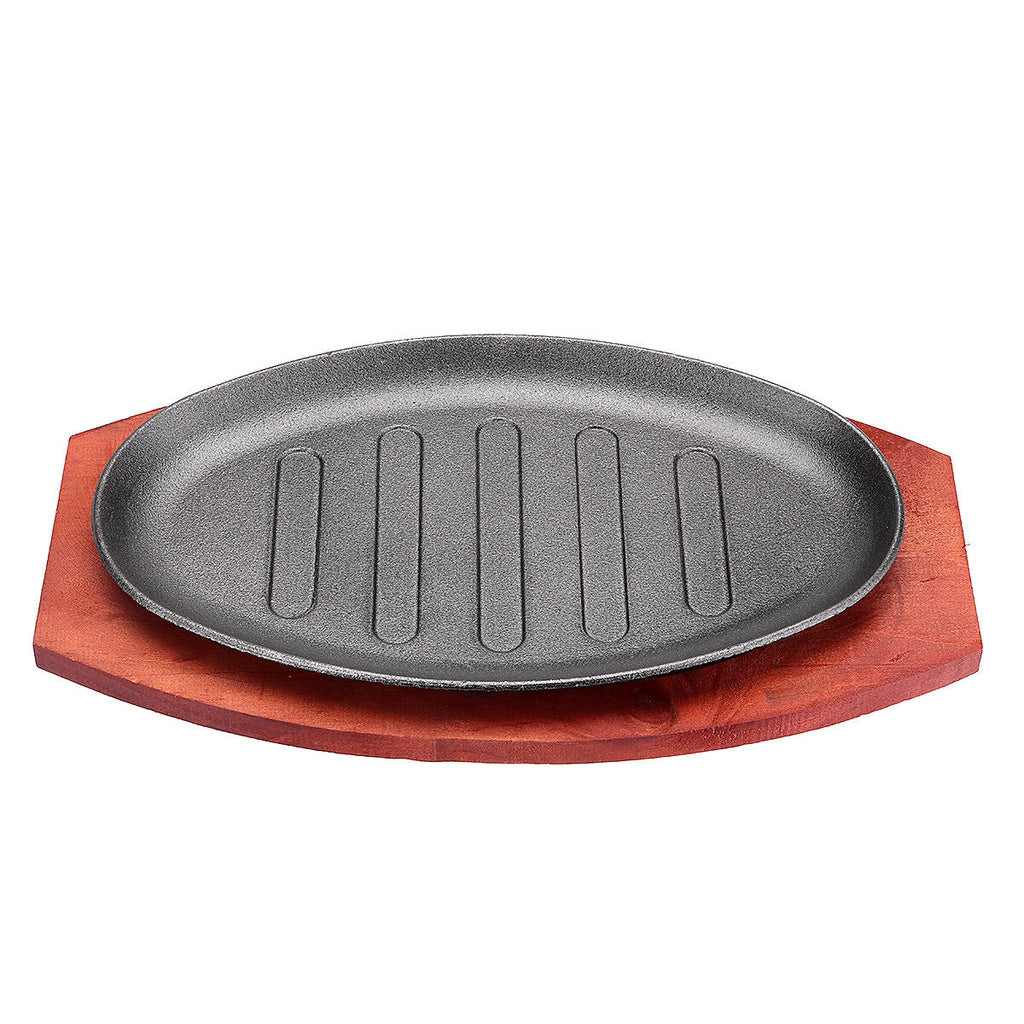 3 Sizes Cast Iron Steak Fajita Sizzling Platter Plate BBQ Grill Pan Cooking Wooden Holder