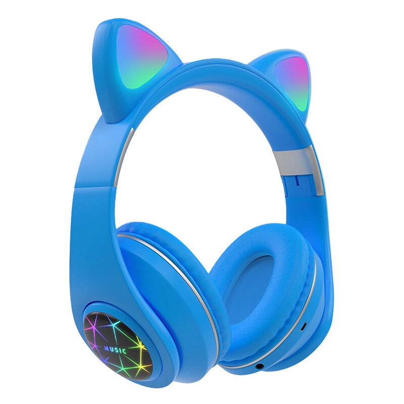 Cut Cat Ear Headphones Wireless Bluetooth 5.0 TF Card AUX-In Luminous Foldable Head-Mounted Headsetwith Mic