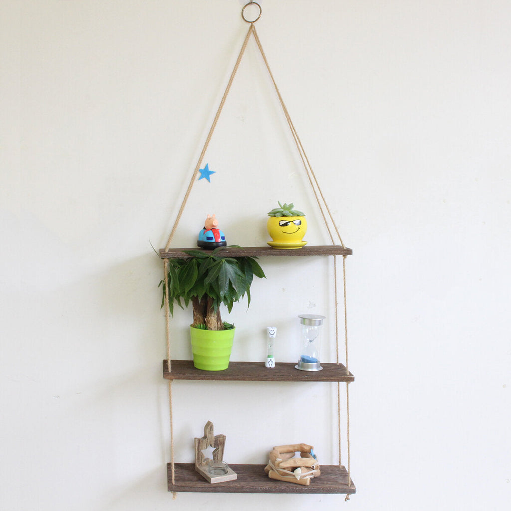 Brown Wooden Wall Storage Rack Rope Hanging Plant Flower Pot Shelf Home Decor