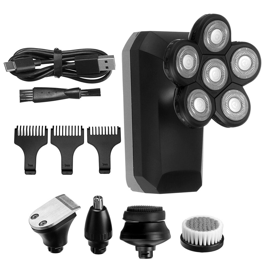 6 IN 1 6D Rotary Electric Shaver LED Display Men IPX7 Waterproof Nose Hair Trimmer Facial Cleaning Brush W/ 3pcs Limit Combs