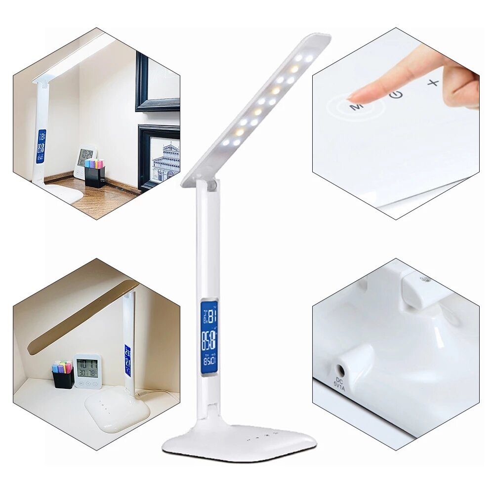 Desk Lamp Touch Dimmable Foldable Eye Protect Reading Light with Calendar Temperature Alarm Clock,5W