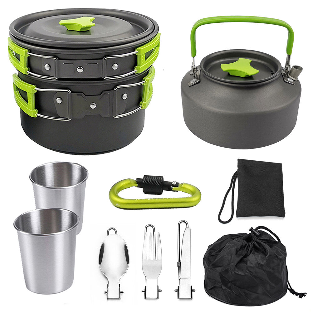 2-3 Person Camping Cookware Set Portable Outdoor Tableware Kit Campfire Kettle Pot Folding Fork Spoon Knife Set For Camping Hiking Picnic Travel