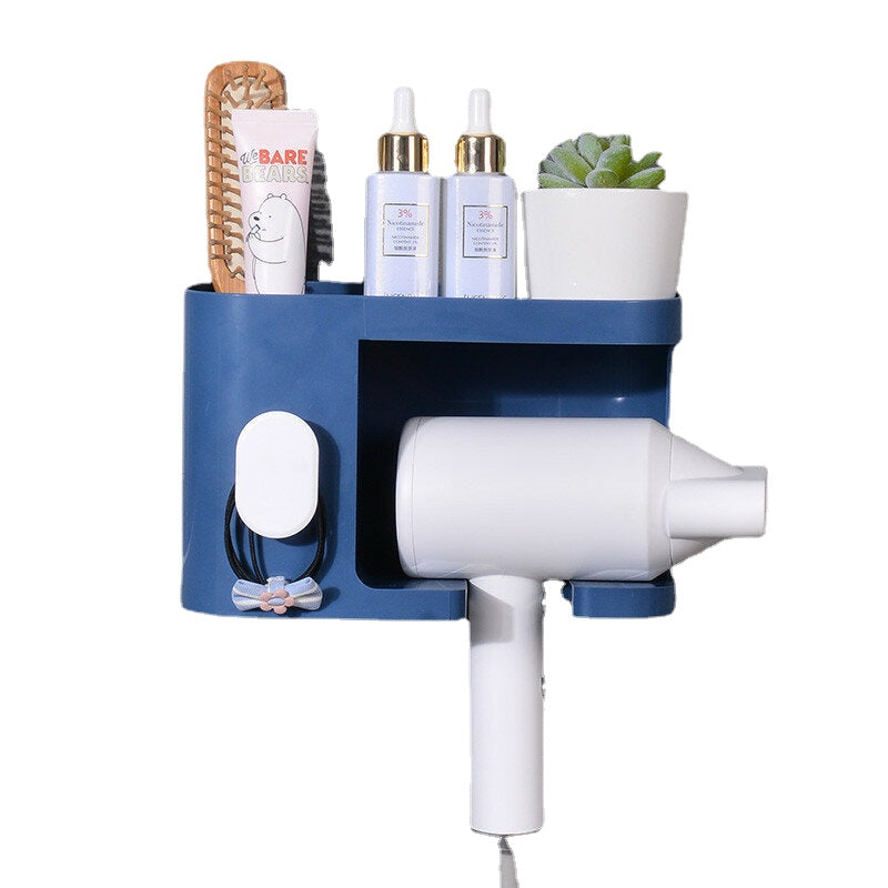 Multifunction Adhesive Hair Dryer Holder Bathroom Hair Blow Drier Holder with Hair Care Tools Storage Baskets