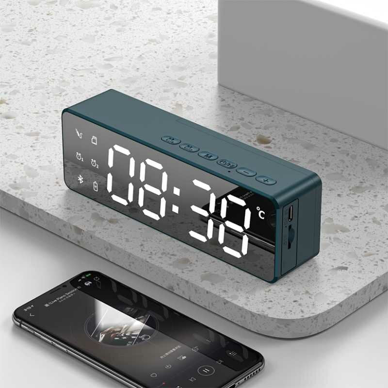 Bluetooth 5.0 Speaker Alarm Clock Multiple Play Modes LED Mirror Speaker with FM Function Stereo Sound Real-time Temperature Display 2800mAh