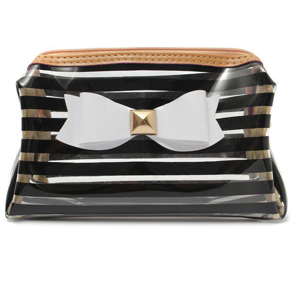 Stripe Transparent Cosmetic Bag Travel PVC Bow Tie Make Up Organizer Case