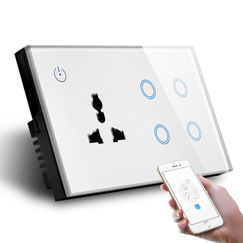 UK Standard Combination Switch Touch Glass Panel Smart WIFI 4gang Light Switch and Wall Socket Voice Control 147*86MM