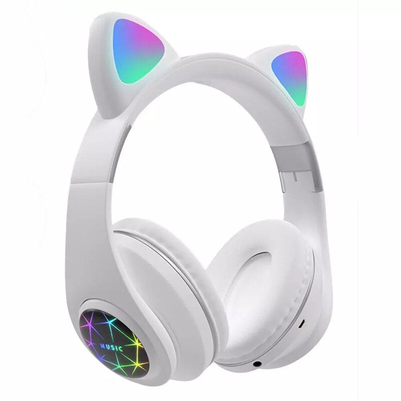 Cut Cat Ear Headphones Wireless Bluetooth 5.0 TF Card AUX-In Luminous Foldable Head-Mounted Headsetwith Mic