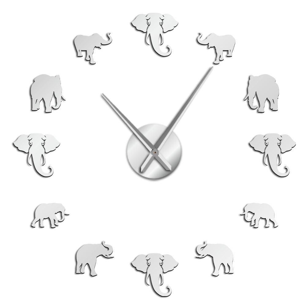 Jungle Animals Elephant DIY Wall Clock Home Decor Modern Design Mirror Effect Giant Frameless