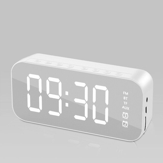 Wireless Bluetooth Speaker Mirror Hi-Fi Subwoofer Digital Alarm Clock with FM Function AUX Output