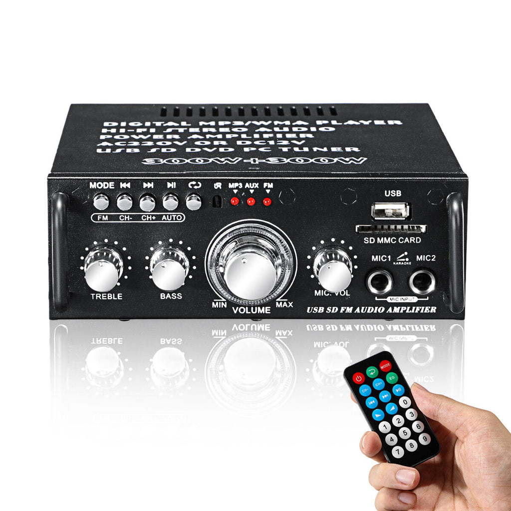 2x300W 110-220V Bluetooth Audio Power Amplifier EQ Stereo AMP Car Home 2CH AUX USB FM SD Hi-Fi Digital Radio