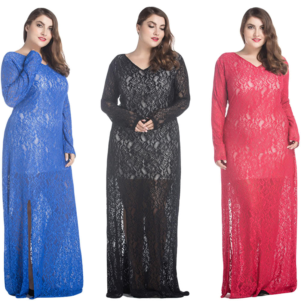Women Lace Maxi Dress V-Neck Full Sleeve Lined Evening Party Solid Long Plus Size