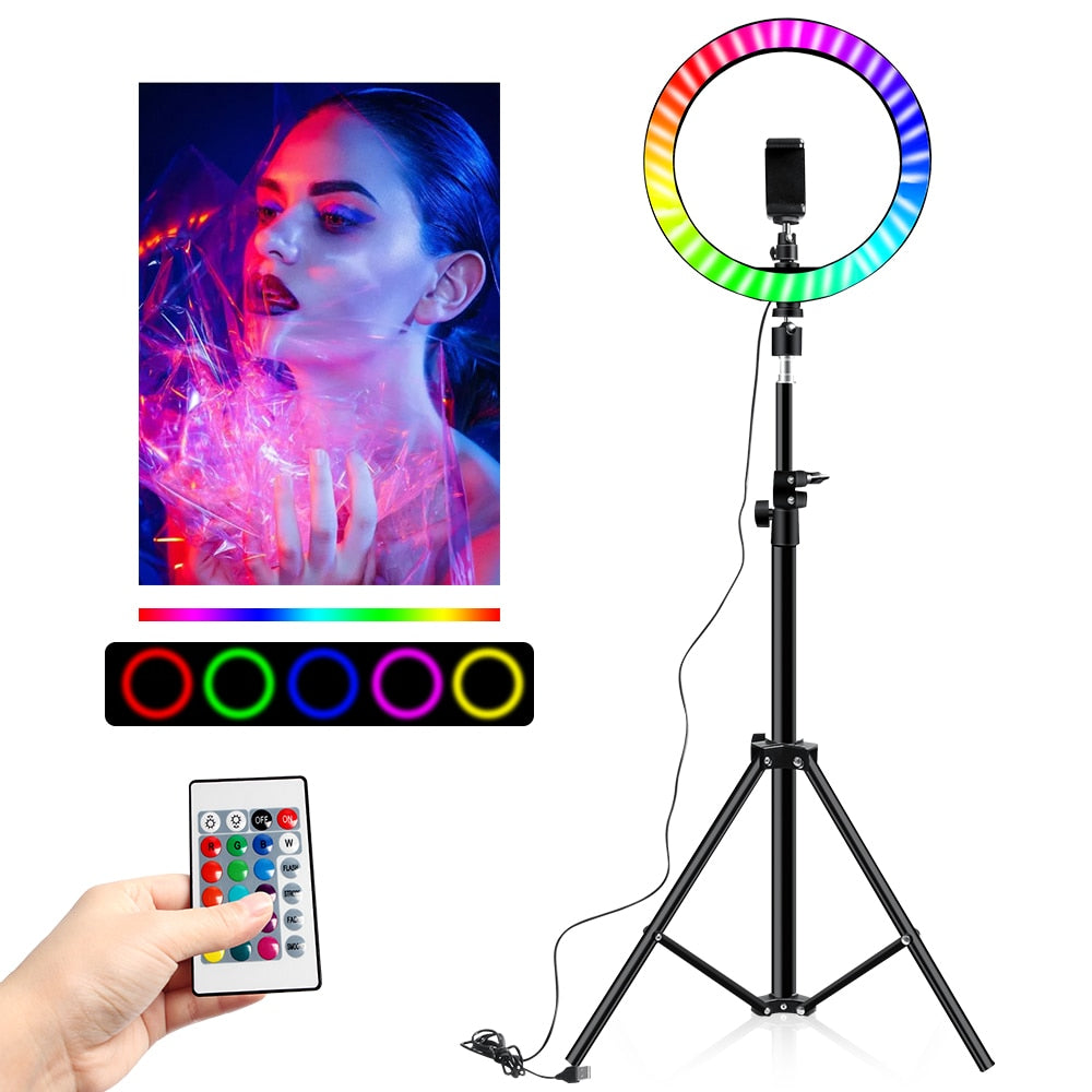 10" RGB Ring Lamp with Tripod Stand and Wireless Remote, 16 Light LED Colors