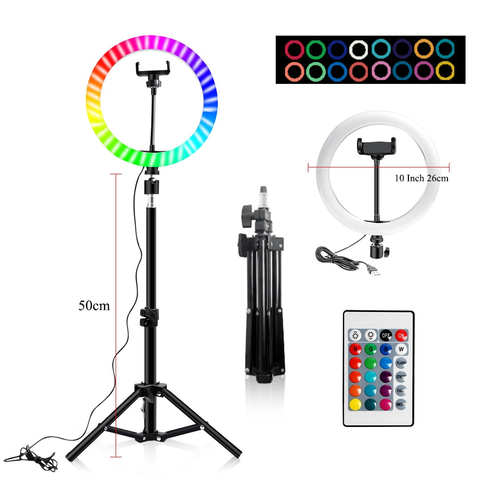 10" RGB Ring Lamp with Tripod Stand and Wireless Remote, 16 Light LED Colors